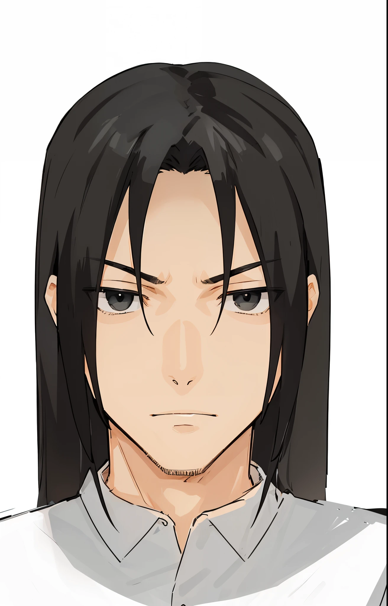 anime black eye and long black hair guy with white shirt,