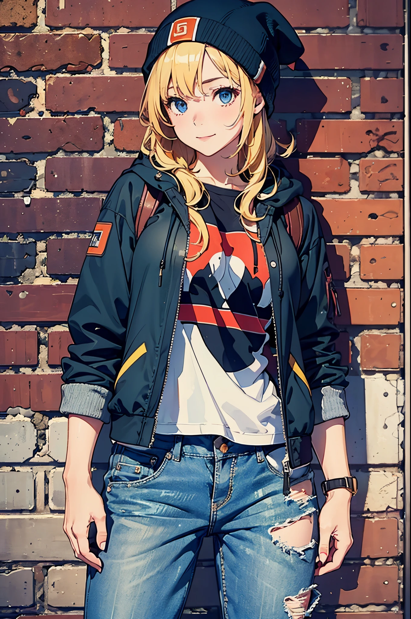 ((Best Quality, 8K, Masterpiece:1.3)), Focus: 1.2, (Perfect Body Beauty, Photorealistic: 1.4), (Best Quality), (Best Shadow), Detailed, Perfect Lighting, (depth of field:1.3) BREAK
1girl, solo, blonde hair, little smile, blue eyes, Swept bangs, big breasts, perfect anatomy, 10 heads tall,
BREAK
stand against the brick wall, looking away, upper body, (blue baggy collage jacket), sweatshirt, (a girl's crossbody bag), knit hat, sneakers, black jersey pants,