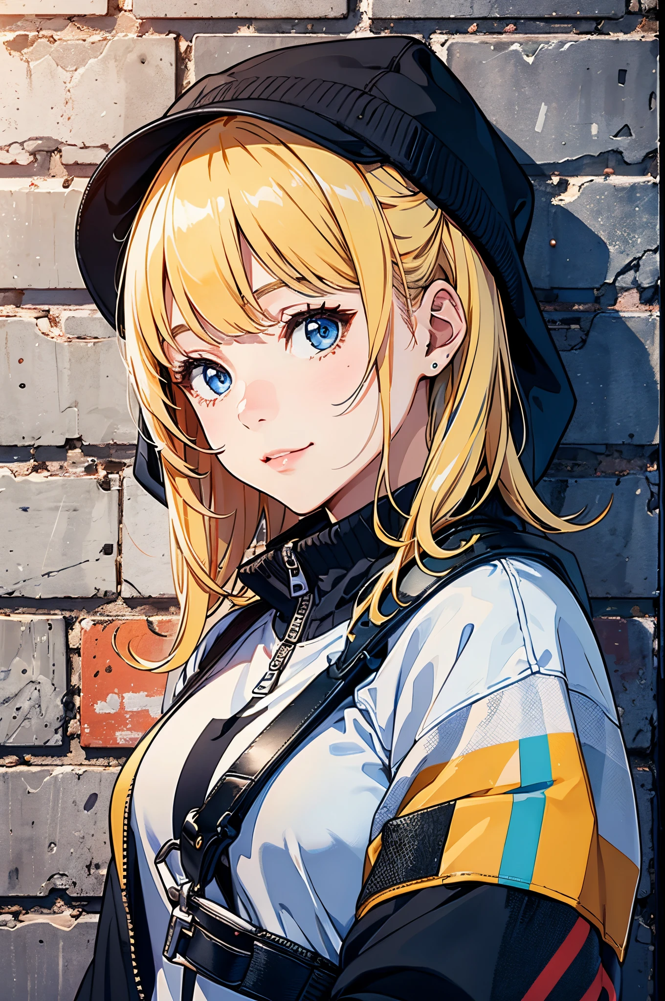 ((Best Quality, 8K, Masterpiece:1.3)), Focus: 1.2, (Perfect Body Beauty, Photorealistic: 1.4), (Best Quality), (Best Shadow), Detailed, Perfect Lighting, (depth of field:1.3) BREAK
1girl, solo, blonde hair, little smile, blue eyes, Swept bangs, big breasts, perfect anatomy, 10 heads tall,
BREAK
stand against the brick wall, looking away, upper body, (blue baggy collage jacket), sweatshirt, (a girl's crossbody bag), knit hat, sneakers, black jersey pants,