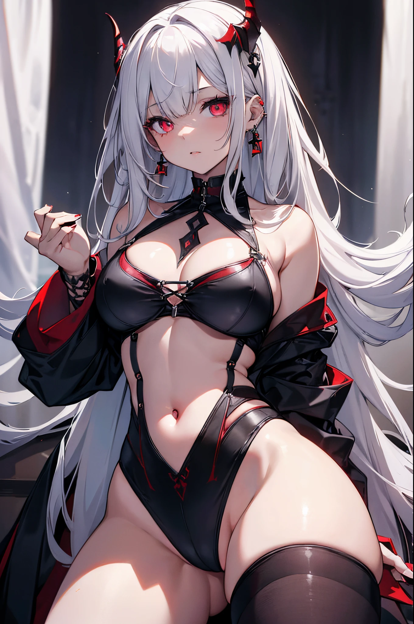 (best quality,highres),ultra-detailed,realistic,portrait,studio lighting,white-haired girl,dark red eyes with a 1.1 intensity boost,dark aura,depicting a young girl with an alluring half-demon appearance,demonic features highlighted,pierced earring, ????, showcasing her ???????????, thick thighs, and a ?????? attire
