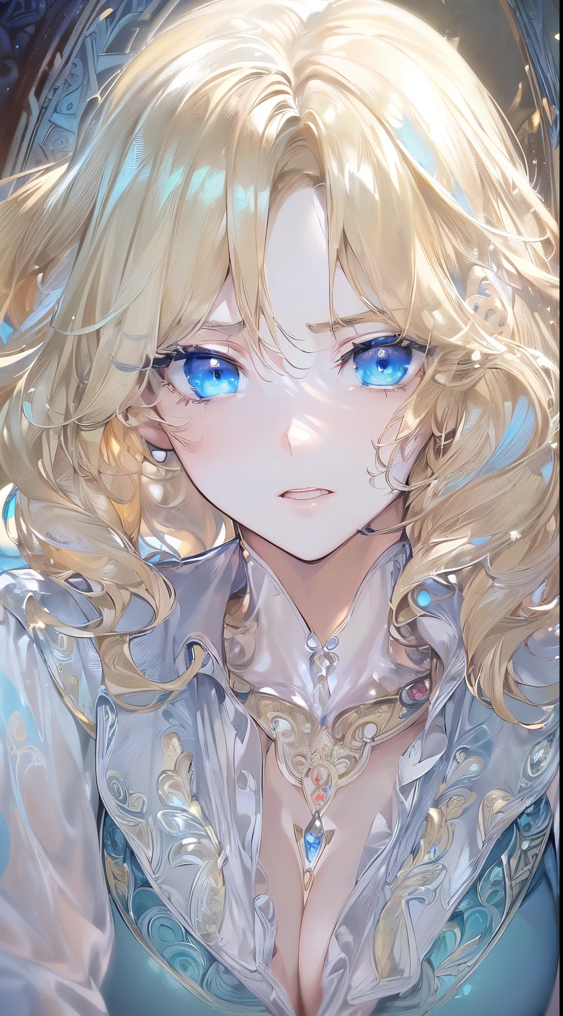 ((Finest quality)),(超A high resolution),(ultra-detailliert),(Meticulous portrayal),((Best Anime)),(Finest works of art),(Ultra-Precision Art),(The art of astounding depiction,Overwhelming depiction:1.5),(intricate and detailed art:1.6), (1 adult female:1.5),(blouse:1.6),(Glowing blonde hair:1.3),(clear blue eyes:1.5),huge tit, Know,Erudition,knowledge,wisdom