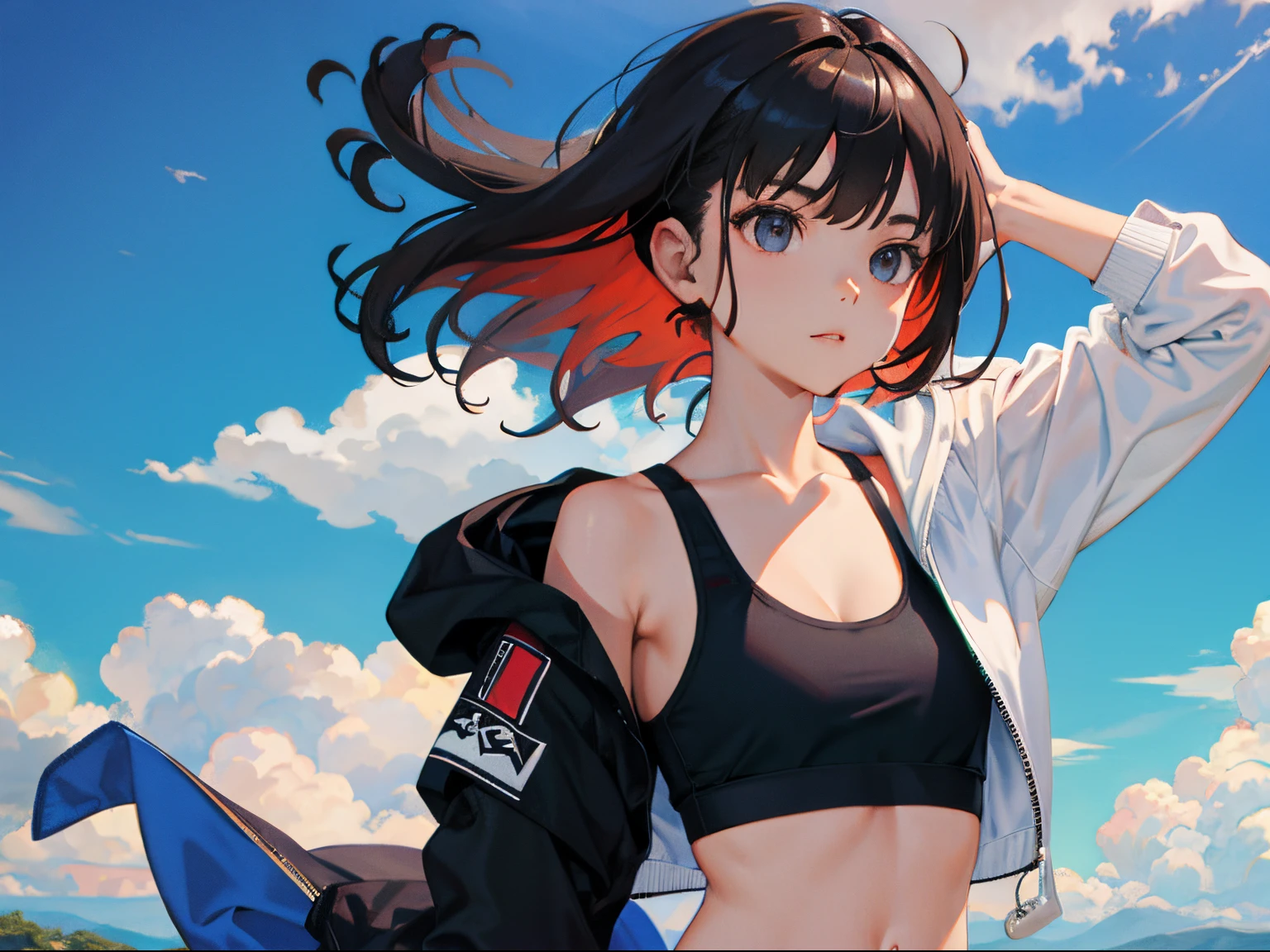 child，（​masterpiece，Highest Quality），Sportsbra，Lightweight hoodie，A dark-haired，The wind is blowing