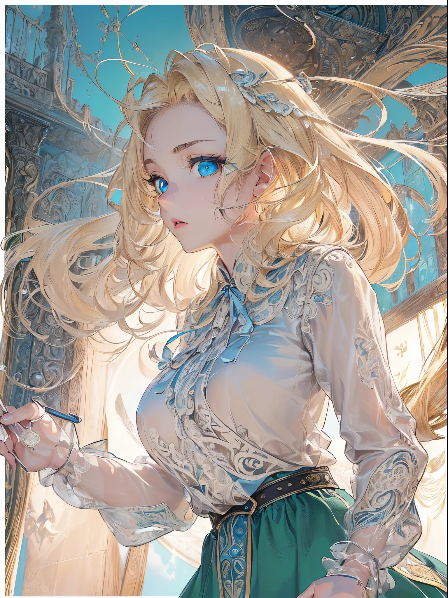 ((Finest quality)),(超A high resolution),(ultra-detailliert),(Meticulous portrayal),((Best Anime)),(Finest works of art),(Ultra-Precision Art),(The art of astounding depiction,Overwhelming depiction:1.5),(intricate and detailed art:1.6), (1 adult female:1.5),(blouse:1.6),(Glowing blonde hair:1.3),(clear blue eyes:1.5),huge tit, Know,Erudition,knowledge,wisdom