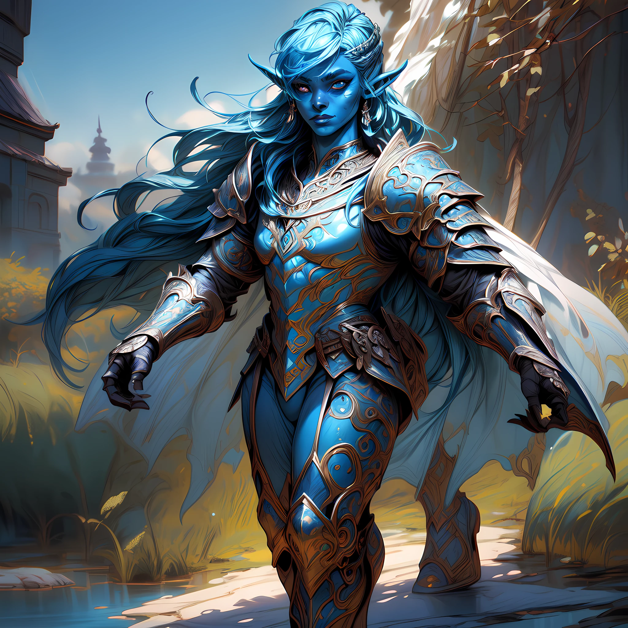 concept art, wide shot, (masterpiece:1.3), full body intense details, highly detailed, photorealistic, best quality, highres, portrait of a  Vedalken female (fantasy art, Masterpiece, best quality) (blue skin: 1.3), intense details facial detail fantasy art, Masterpiece, best quality)cleric,  (blue skin: 1.3) 1person blue_skin (bold head: 1.3), intense green eye, fantasy art, Masterpiece, best quality) armed a fiery sword red fire, wearing heavy white half plate mail armor CM-Beautiful, wearing high heeled laced boots, wearing a white cloak within fantasy temple near river background and sun and clouds, reflection light, high details, best quality, 16k, [ultra detailed], masterpiece, best quality, (extremely detailed), dynamic angle, ultra wide shot, photorealistic, RAW, fantasy art, dnd art, fantasy art, realistic art,