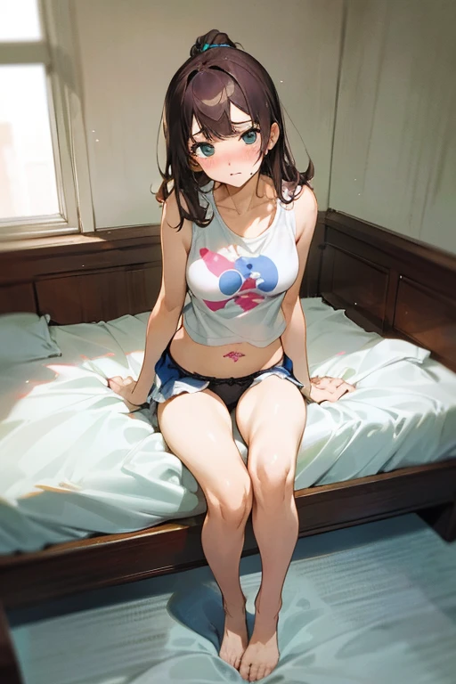 1 girl,own, {美丽meticuloso的眼睛}, A bright room,Small under breasts, calm expression, The light naturally soft, exquisite facial features,beautiful Korean girl, 18yr old, ((Model diagram)), attractive body type, sit on a bed, Best quality, realistically, ultra - detailed, meticuloso, A high resolution,messy hair, Perfect dynamic composition, White skin of the,The sheen,美丽meticuloso的眼睛, asiagirl,((Nervous and embarrassed)),lock focus,, Movie Girl,(belly tattoo tattoo),arm tattoos,(Wearing a white sleeveless T-shirt:1.3),(legs are open:1.4),Expose abs,White side tie briefs,(i can see:1.6),Highlight the shape ,Place your hands behind your back,Full body photo