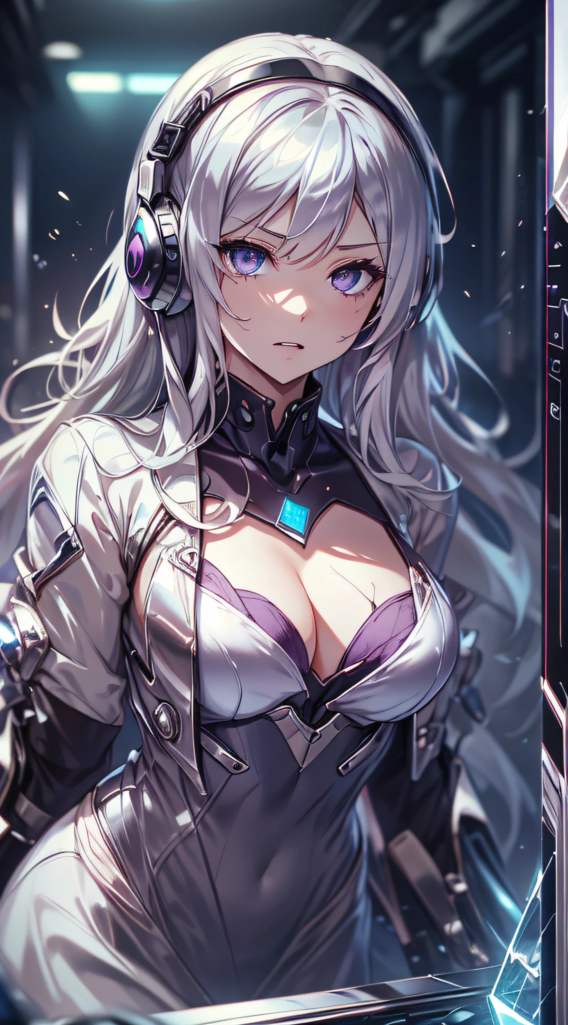 top-quality、Top image quality、masterpiece、girl with((White suit、18year old、 Ager、cute little、Best Bust、big bast,Beautifully shining purple eyes open wide, Messy silver hair、Longhaire、A slender,head phone、)),hiquality、Beautiful Art、Background with((cockpit、Control stick,Warning screen、Lock On))masutepiece、depth of fields,Cinematic style