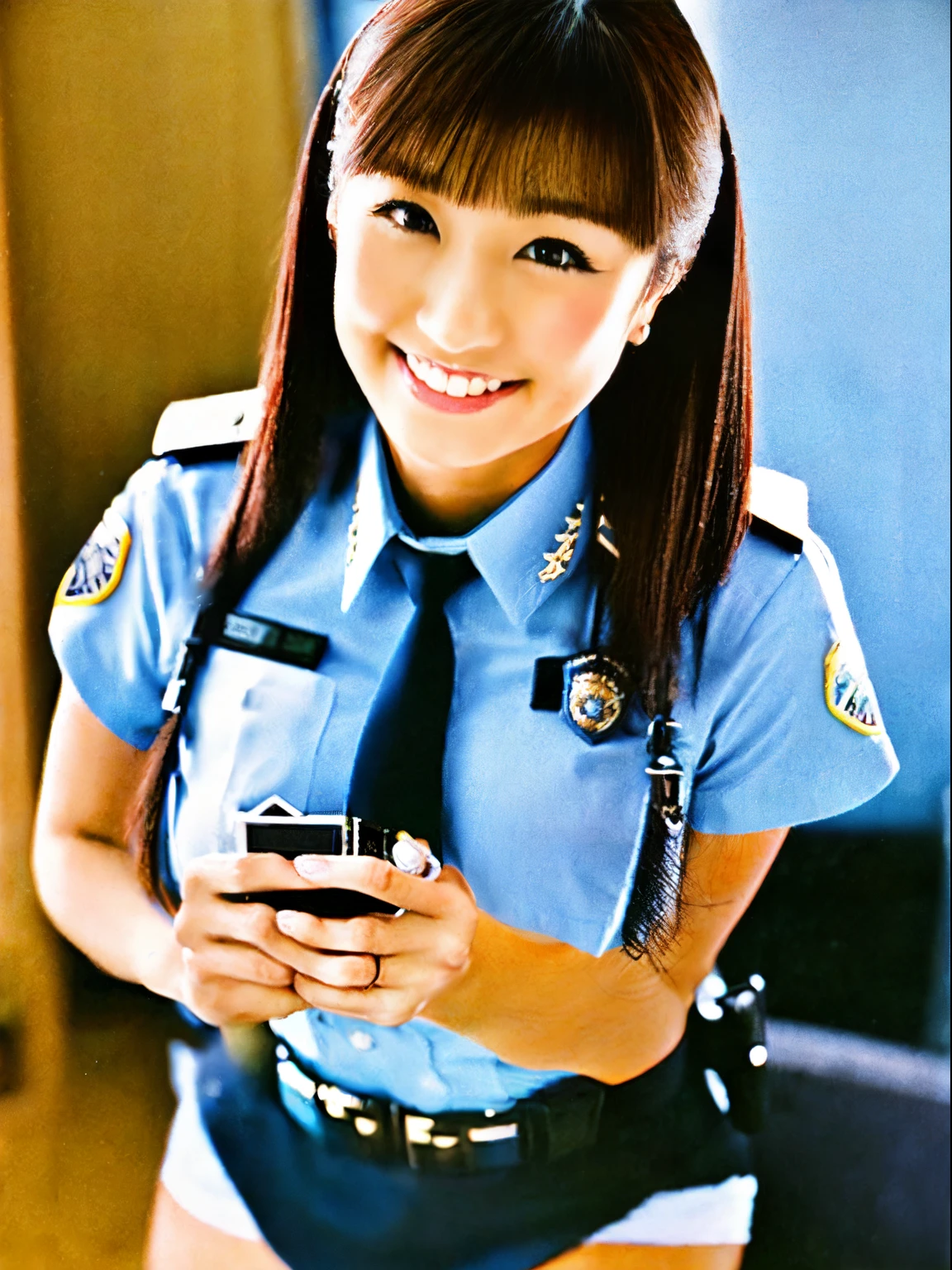 (An ultra-high picture quality:1.5、ultra-quality:1.5、Photographic:1.3)、1 woman, policewoman, Police Uniform, Blue short-sleeved shirt, neck tie, Miniskirt, Female police officer in Japan、huge tit、Miniskirt Police、Viewer、a smile