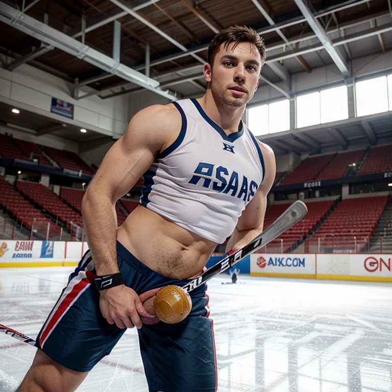 Evans as a hot ice hockey player, massive bulge, muscular body, hot jock, in an ice rink