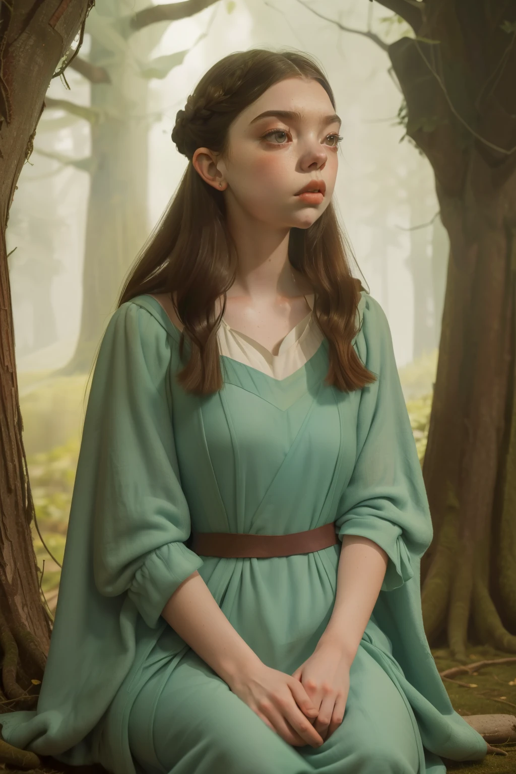 1135, England. otherworldly scene in a forest, ((((27-year-old)) Anya Taylor-Joy)), brunette, sad and smug look, telling her story, ((((poor plain tunic gown from the 12th century)))), ((Hairstyle of the 12th century)), ((Wes Anderson cinematic style)), colorful