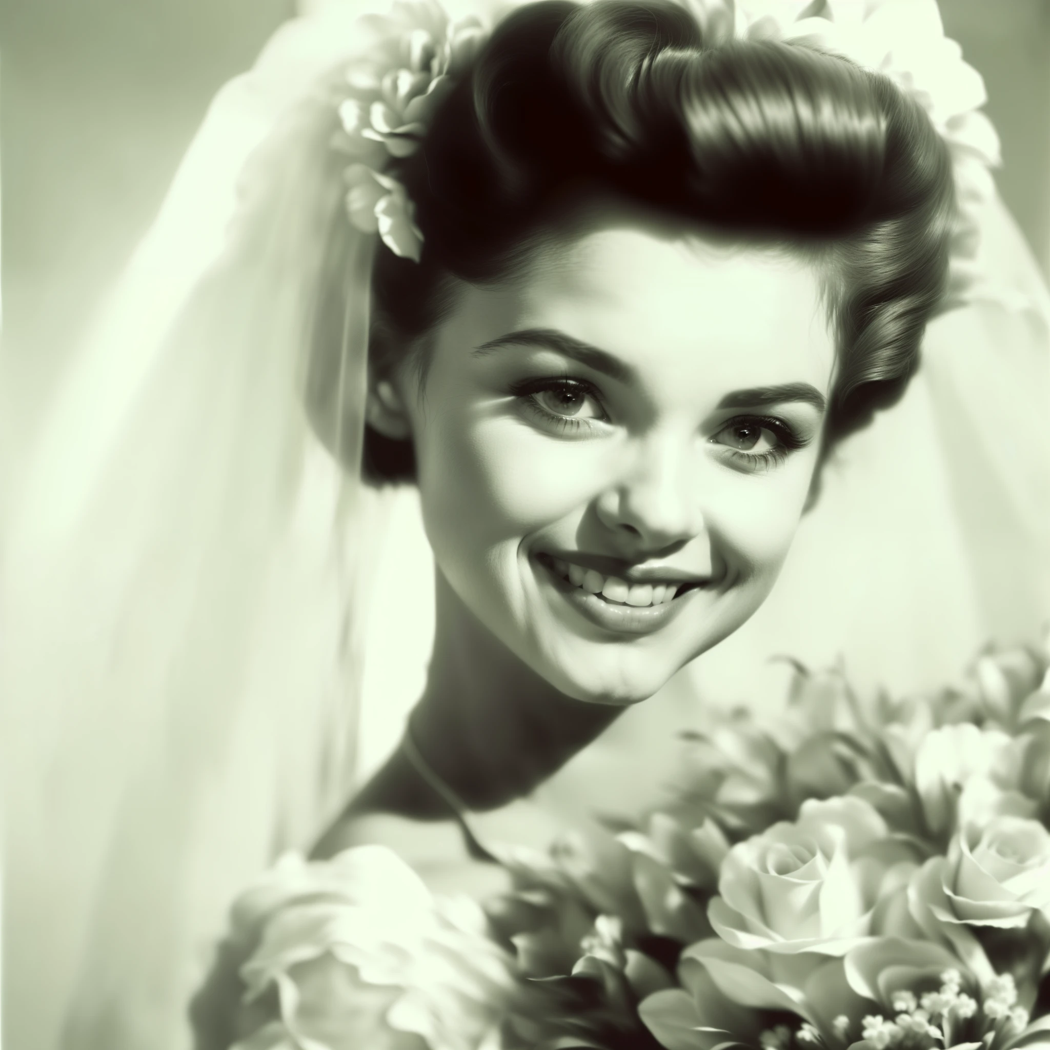 a close up of a woman in a wedding dress holding a bouquet, smile 1950s, looks like audrey hepburn, gill elvgren, aleksandra waliszewska, greg ruth, jacqueline e, 1 9 5 0 s style, official artwork, beautiful and smiling, 50s style, 5 0 s style, by Glen Angus