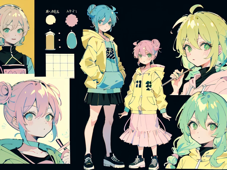 supreme， green down jacket，lime color hair，pink eyes，Standing on your feet，submachine gun，Detailed Genshin graphics，anime character design，anime concept art，pretty anime character design，anime character reference sheet，[Character design]，1girl in, ((Character information)、(Chara Leaf)、pastel dimmed colors, (Yellow color palette.:1.2, Blue:1.2, Pink:1.2), (Blue hair bun and blonde), Short fashionable skirt, Sitting on a throne of sweets and pastries, For example, doughnut, splash, candy, Lollipop, lollipop cane, a cake, cupcake, Cake Pop, Ruffles and lace, polka dot,(Lush pastel dresses), petite girl,Type sheet, Character Sheets, Three types，Shot Full Body，Game Character Design, green color, Green hoodie，