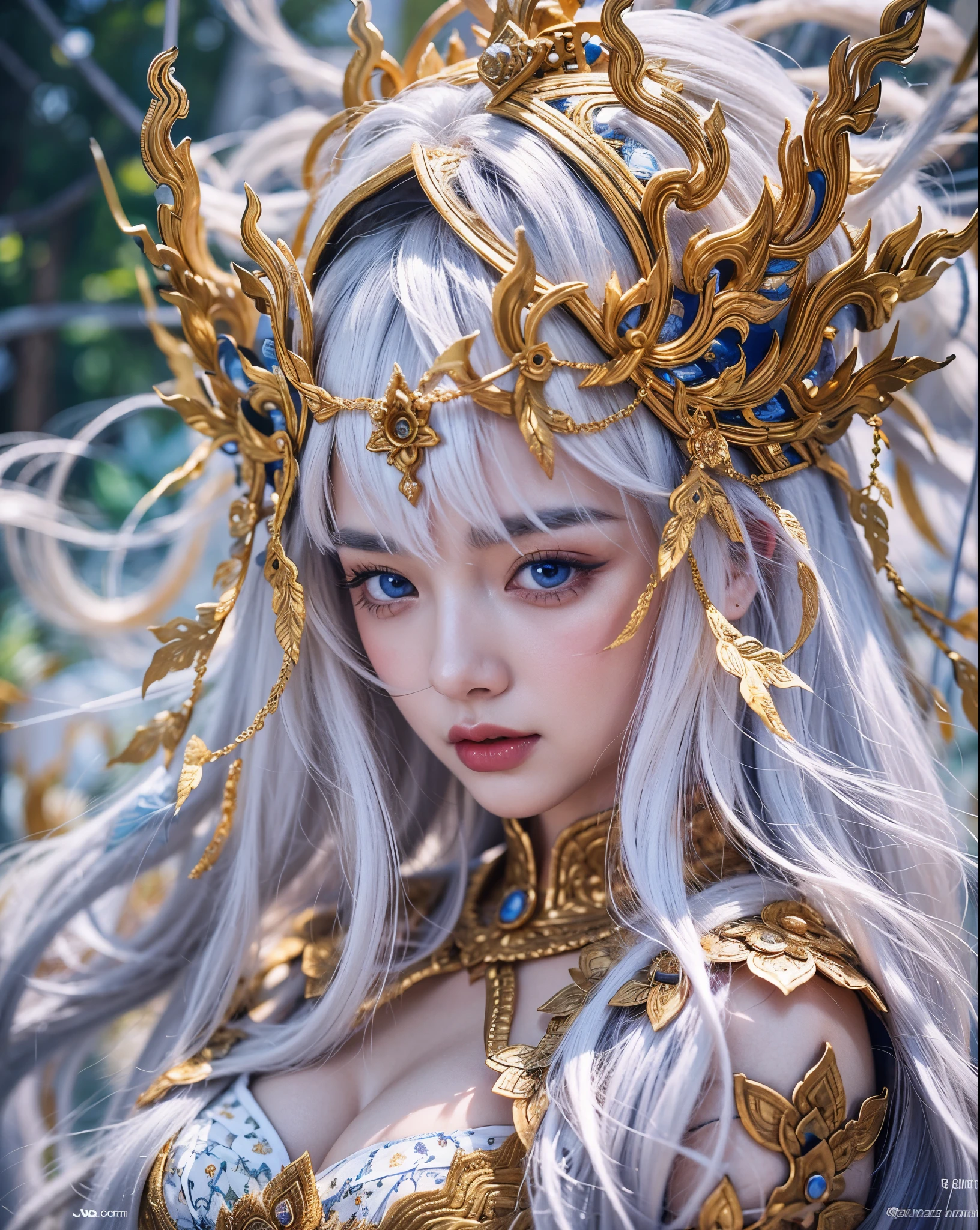 Beautiful girl with white hair and a golden crown and blue eyes, (Beautiful face details), intricate detailed, Pictures of elegant and complex Thai patterns, Portrait of a female man, very high details, Realistic photos, 8k, UHD, hyperdetailed,