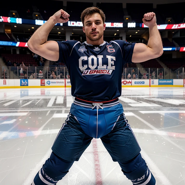 Evans as a hot ice hockey player, massive bulge, muscular body, hot jock, in an ice rink