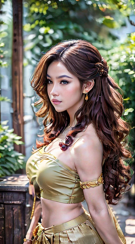 A Beautiful Girl, kawaii, 1 person only, beautidul eyes, Beautiful mouth, Red mouth, long eyelashes, long-haired, very long hair., large boobs, Beautiful breast, breast augmentation, Slim body, small waist, flat abdomen, Long slender legs.., Wear a sarong., Traditional Thai costumes, Complete jewelry, gold jewelry, viewer look., old house scene, Ancient Thai House