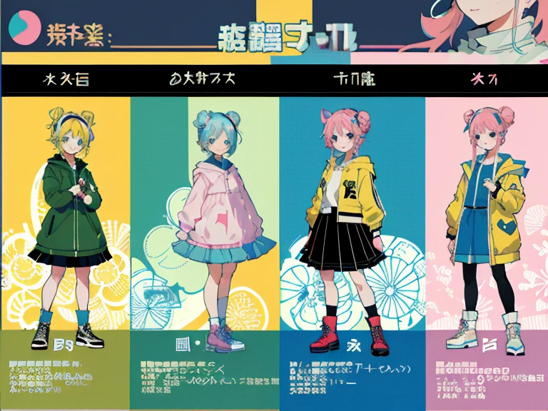 supreme， green down jacket，lime color hair，pink eyes，Standing on your feet，submachine gun，Detailed Genshin graphics，anime character design，anime concept art，pretty anime character design，anime character reference sheet，[Character design]，1girl in, ((Character information)、(Chara Leaf)、pastel dimmed colors, (Yellow color palette.:1.2, Blue:1.2, Pink:1.2), (Blue hair bun and blonde), Short fashionable skirt, Sitting on a throne of sweets and pastries, For example, doughnut, splash, candy, Lollipop, lollipop cane, a cake, cupcake, Cake Pop, Ruffles and lace, polka dot,(Lush pastel dresses), petite girl,Type sheet, Character Sheets, Three types，Shot Full Body，Game Character Design, green color, Green hoodie，4 girls