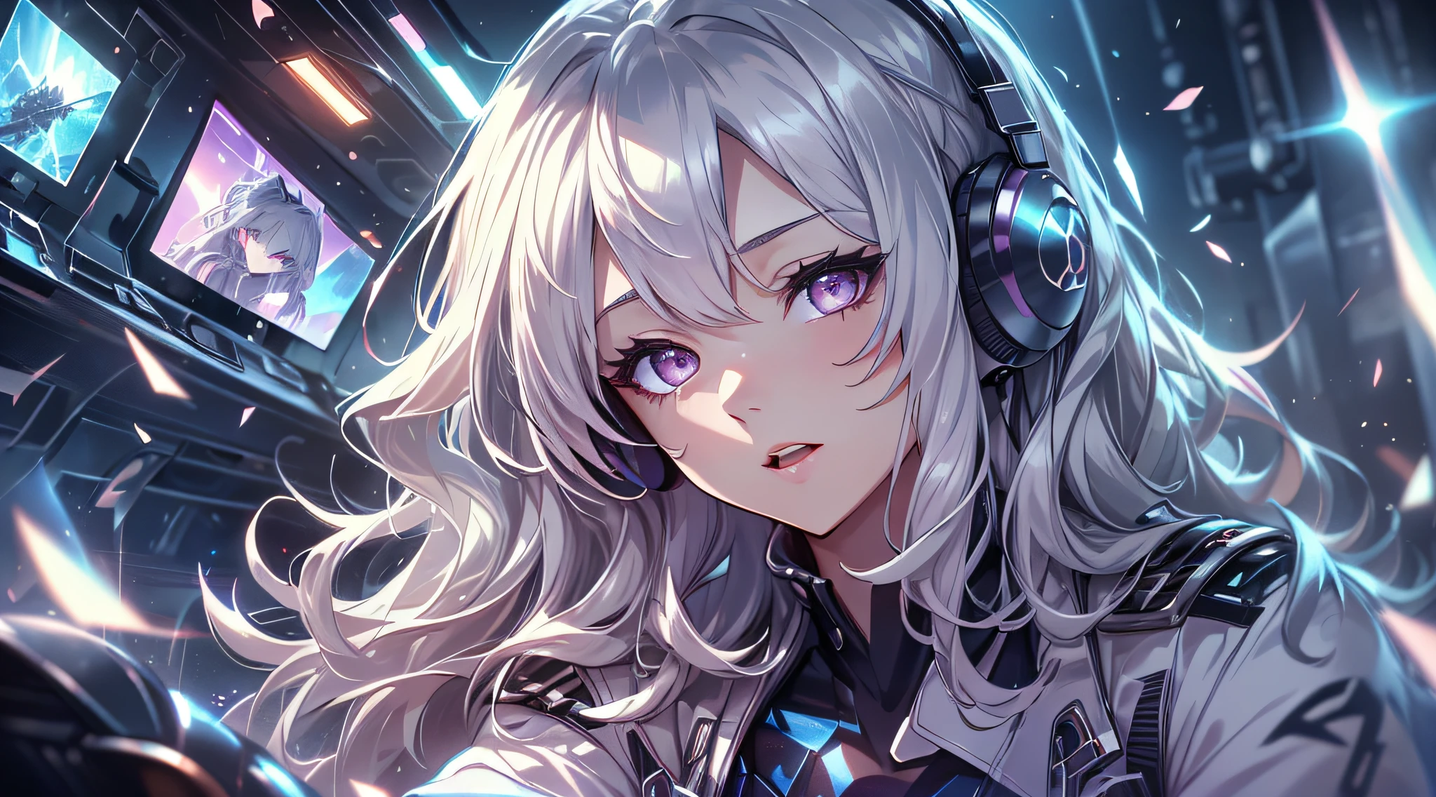 top-quality、Top image quality、​masterpiece、girl with((White suit、18year old、 Ager、cute little、Best Bust、big bast,Beautifully shining purple eyes open wide, Messy silver hair、Longhaire、A slender,head phone、Sit in the cockpit)),hiquality、Beautiful Art、Background with((cockpit、Control stick,Warning screen、Lock On))masutepiece、depth of fields,Cinematic style
