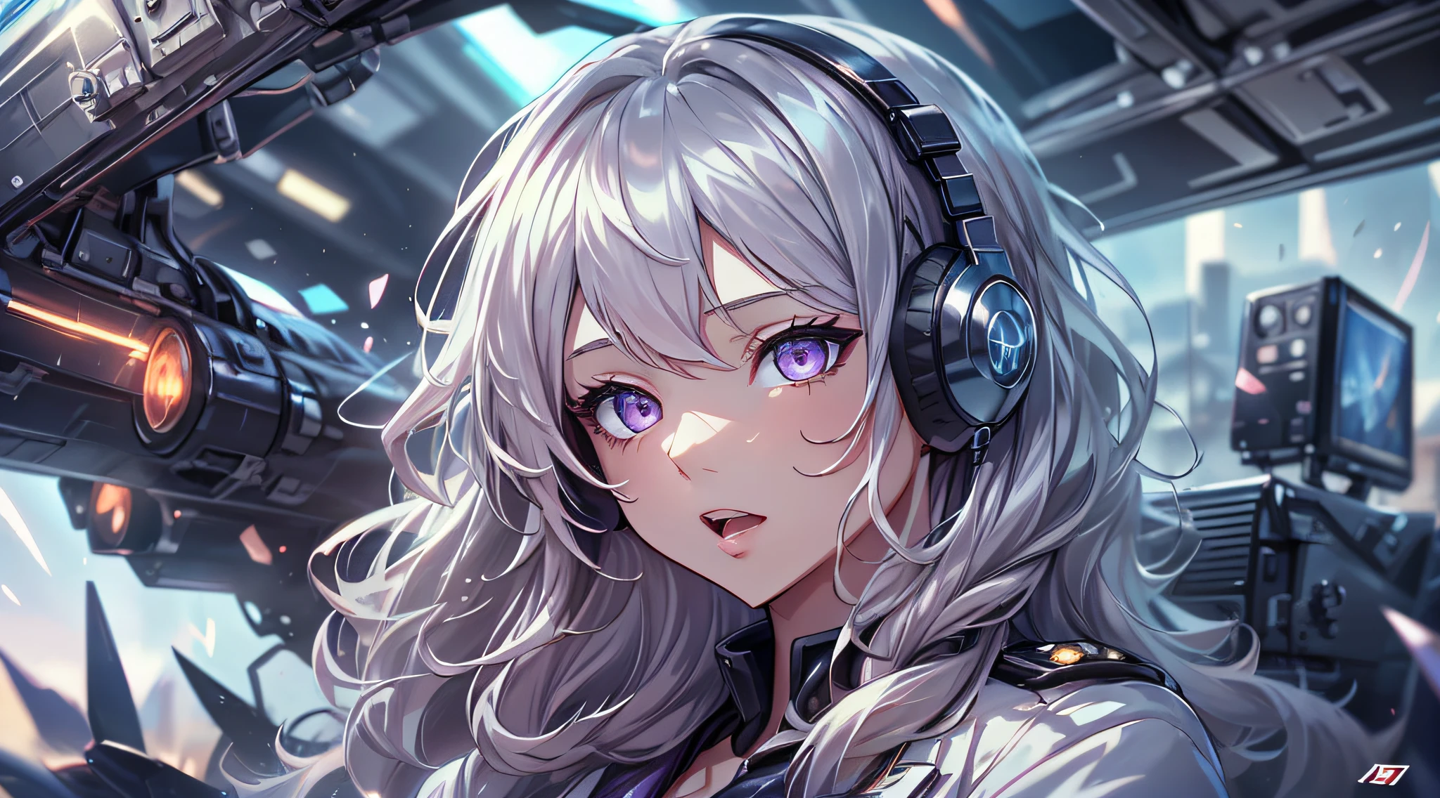 top-quality、Top image quality、​masterpiece、girl with((White suit、18year old、 Ager、cute little、Best Bust、big bast,Beautifully shining purple eyes open wide, Messy silver hair、Longhaire、A slender,head phone、Sit in the cockpit)),hiquality、Beautiful Art、Background with((cockpit、Control stick,Warning screen、Lock On))masutepiece、depth of fields,Cinematic style
