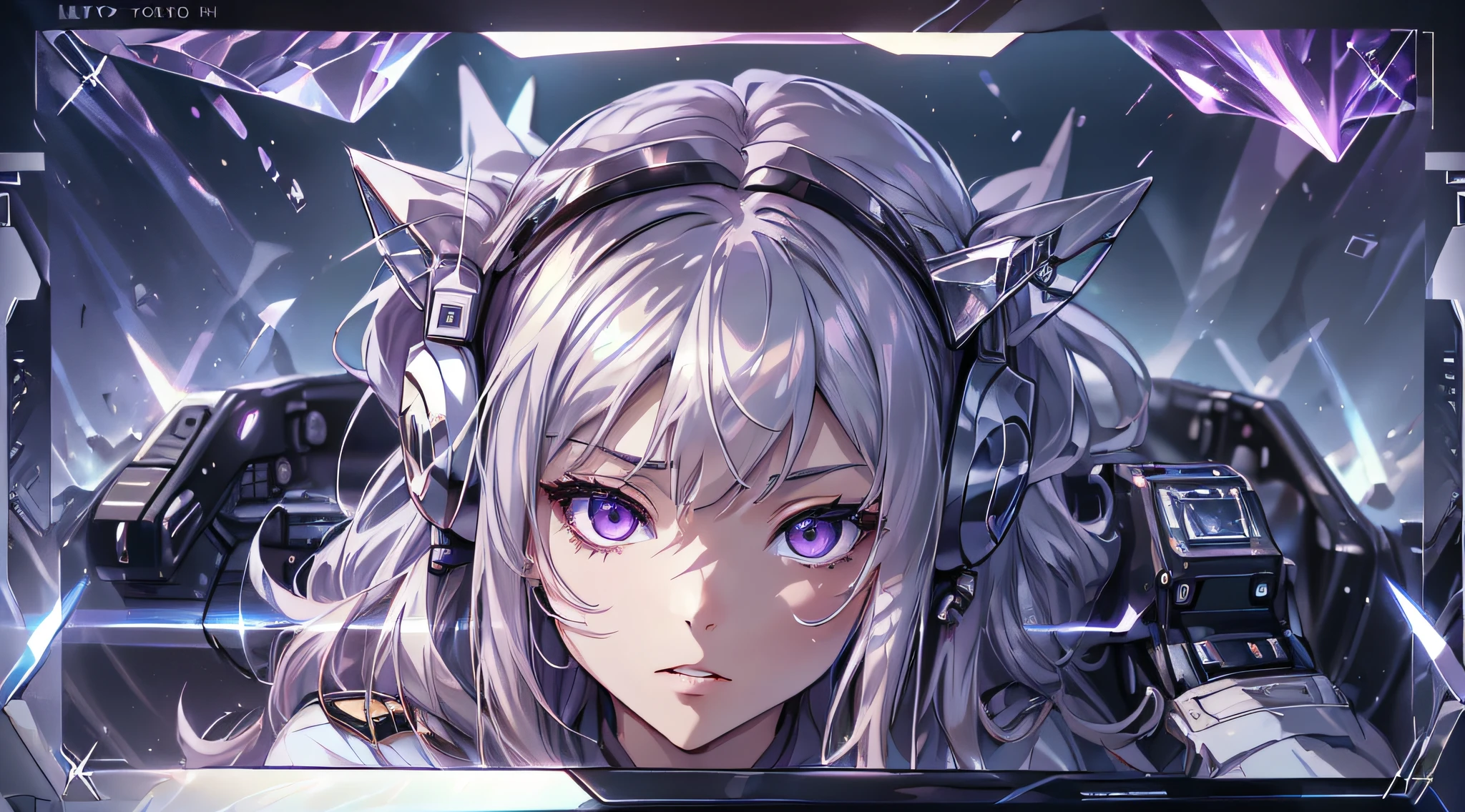 top-quality、Top image quality、masterpiece、girl with((White suit、18year old、 Ager、cute little、Best Bust、big bast,Beautifully shining purple eyes open wide, Messy silver hair、Longhaire、A slender,head phone、Sit in the cockpit)),hiquality、Beautiful Art、Background with((cockpit、Control stick,Warning screen、Lock On))masutepiece、depth of fields,Cinematic style