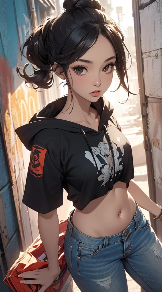 crop top, Oppai, 1 fille dans, Seulement, Seulement Focus, Tir de cow-boy, portrait, oversize hoodie, sweat à capuche, cheveux brun, ((yeux roses)), Ultra detailed eyes, emploi, (Peau noire caramel:1.1), best quality, Ultra-detailed, fond blanc, fond simple，culotte blanche、