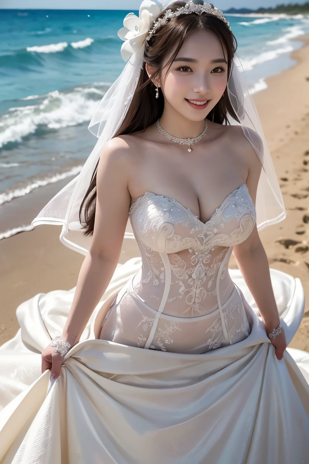 ((8K、masterpiece、RAW Photos、Live action、best qualtiy、A hyper-realistic:1.2))、(Highest Quality: 1.2)、high-definition RAW color photography、Professional Photography、Beautuful Women、独奏、Detailed eyes and mouth、(large boob:1.2)、(Beautiful Wedding Dresses:1.3)、A charming smile、Narrow waist、Erotic、intricate detailes、(Beautiful ocean behind:1.2)、Beautiful lighting、Detailed mouth、Textured skin、Super Detail、high detailing、High quality、hight resolution、full body Esbian、beautiful hairl、、Fancy lighting、happily laughing、vivid、Her hair and dress flutter beautifully in the wind.、Walking along the sandy beach