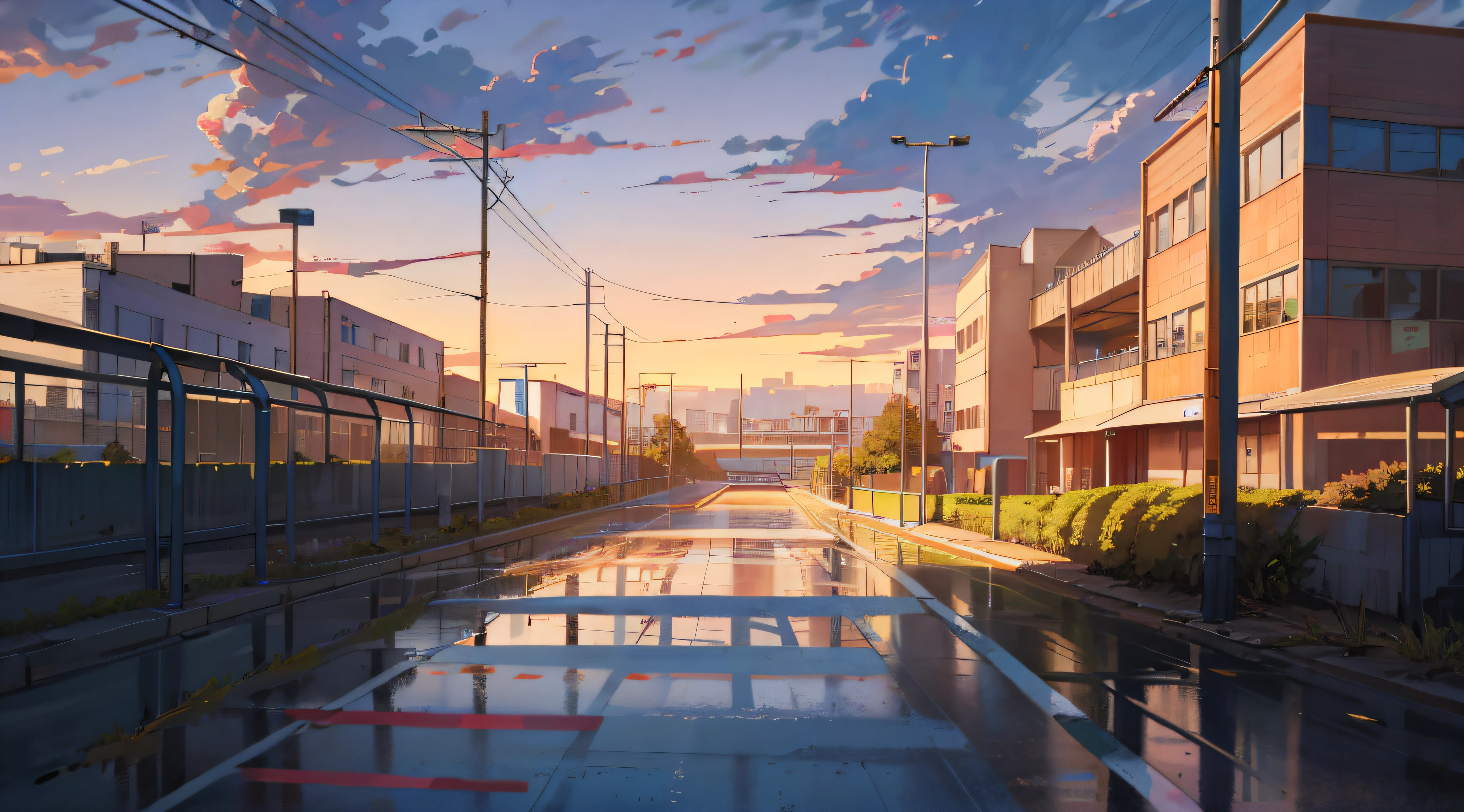 buildings，Racing Tracks, highschool background, , random background scene, looking over city,  Realistic establishing shot, Landscape city background, [[empty warehouse]] Background with, , Bright background, arte de fundo，Teaching buildings，playground，Clean and bright
