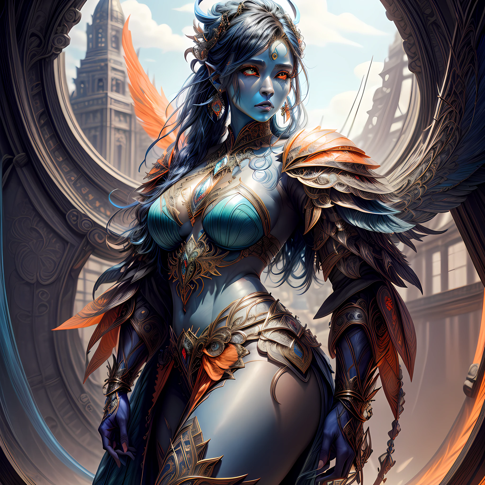 fantasy art, dnd art, RPG art, wide shot, (masterpiece:1.3), full body intense details, highly detailed, photorealistic, best quality, highres, portrait of a exotic race female (fantasy art, Masterpiece, best quality: 1.3) (blue colored skin: 1.3), intense details facial detail fantasy art, Masterpiece, best quality)cleric, (blue colored skin: 1.3) 1person blue_skin, (bold head: 1.4), intense green eye, fantasy art, Masterpiece, best quality) armed a fiery sword red fire, wearing heavy (white: 1.3) half plate mail armor LnF wearing high heeled laced boots, wearing an(orange :1.3) cloak within fantasy temple near river background and sun and clouds, reflection light, high details, best quality, 16k, [ultra detailed], masterpiece, best quality, (extremely detailed), dynamic angle, ultra wide shot, photorealistic, RAW, fantasy art, dnd art, fantasy art, realistic art