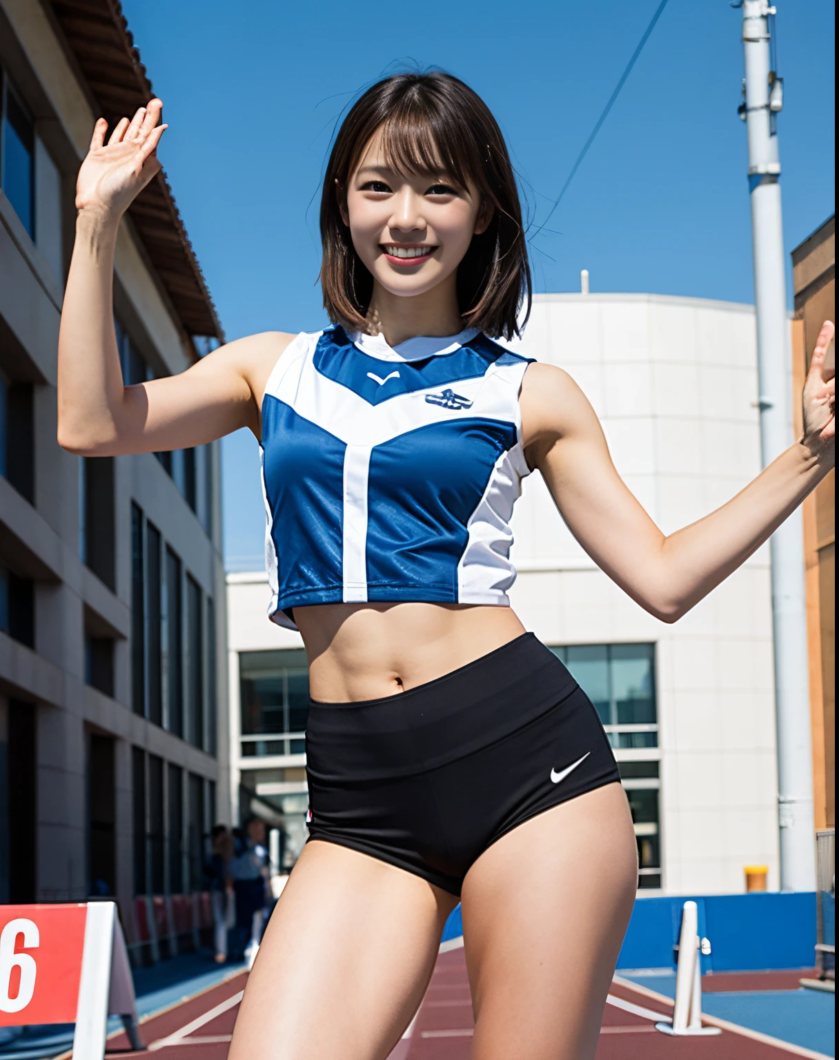(8K, best quality, masterpiece:1.2), (realistic, photo-realistic:1.37), (high color saturation:1.0), (highly detailed skin), (highest quality:1.0), (ultra high resolution:1.0) ,(realistic:1.0), (Super detailed:1.0), (8K, Raw photo:1.1)、random pose, smiling, small breast, perfect lighting, 3girls, (mysterious), (blurred background), clear and detailed, dancing, cheerleading_uniform, hold in hand pompoms, ((stadium)), blue sky, sunshine, low angle, blue and white stripe skirt, raise one legs, (no panties), inverted nipples, jumping pose, software, full body shot、nsfw, audience,looking at back viewer,