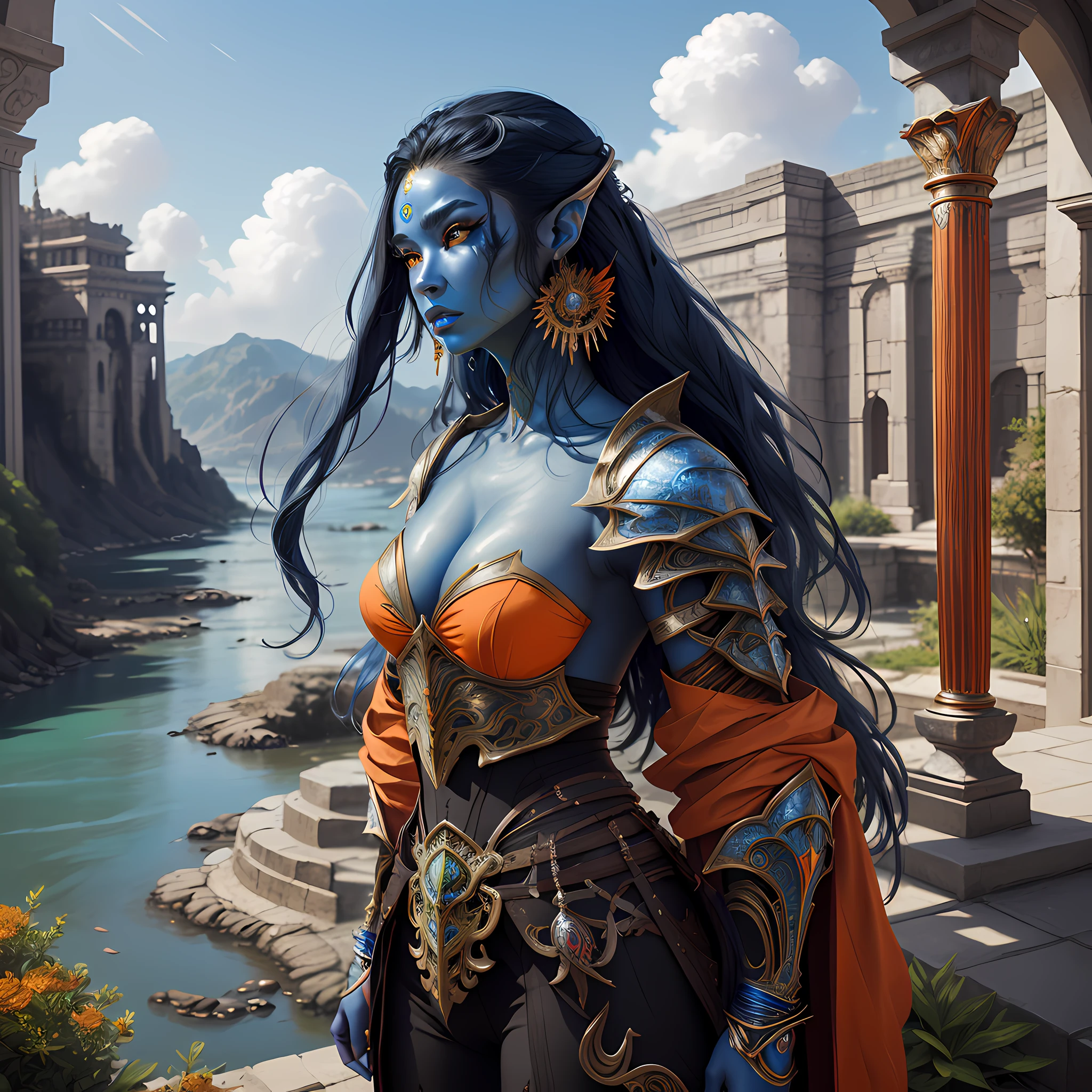 fantasy art, dnd art, RPG art, wide shot, (masterpiece:1.3), full body intense details, highly detailed, photorealistic, best quality, highres, portrait of a exotic race female (fantasy art, Masterpiece, best quality: 1.3) (blue colored skin: 1.3), intense details facial detail fantasy art, Masterpiece, best quality)cleric, (blue colored skin: 1.3) 1person blue_skin, (bold head: 1.4), intense green eye, fantasy art, Masterpiece, best quality) armed a fiery sword red fire, wearing heavy (white: 1.3) half plate mail armor LnF wearing high heeled laced boots, wearing an(orange :1.3) cloak within fantasy temple near river background and sun and clouds, reflection light, high details, best quality, 16k, [ultra detailed], masterpiece, best quality, (extremely detailed), dynamic angle, ultra wide shot, photorealistic, RAW, fantasy art, dnd art, fantasy art, realistic art