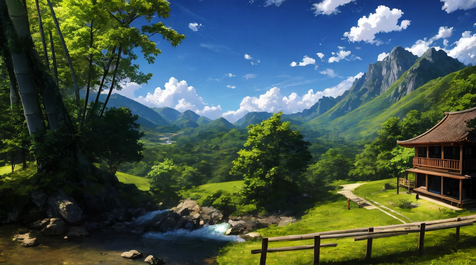 concept-art, without humans, scenecy, Gamine, that tree, ​​clouds, Outdoor sports, natural, blue-sky, mountain stream, bamboo forrest