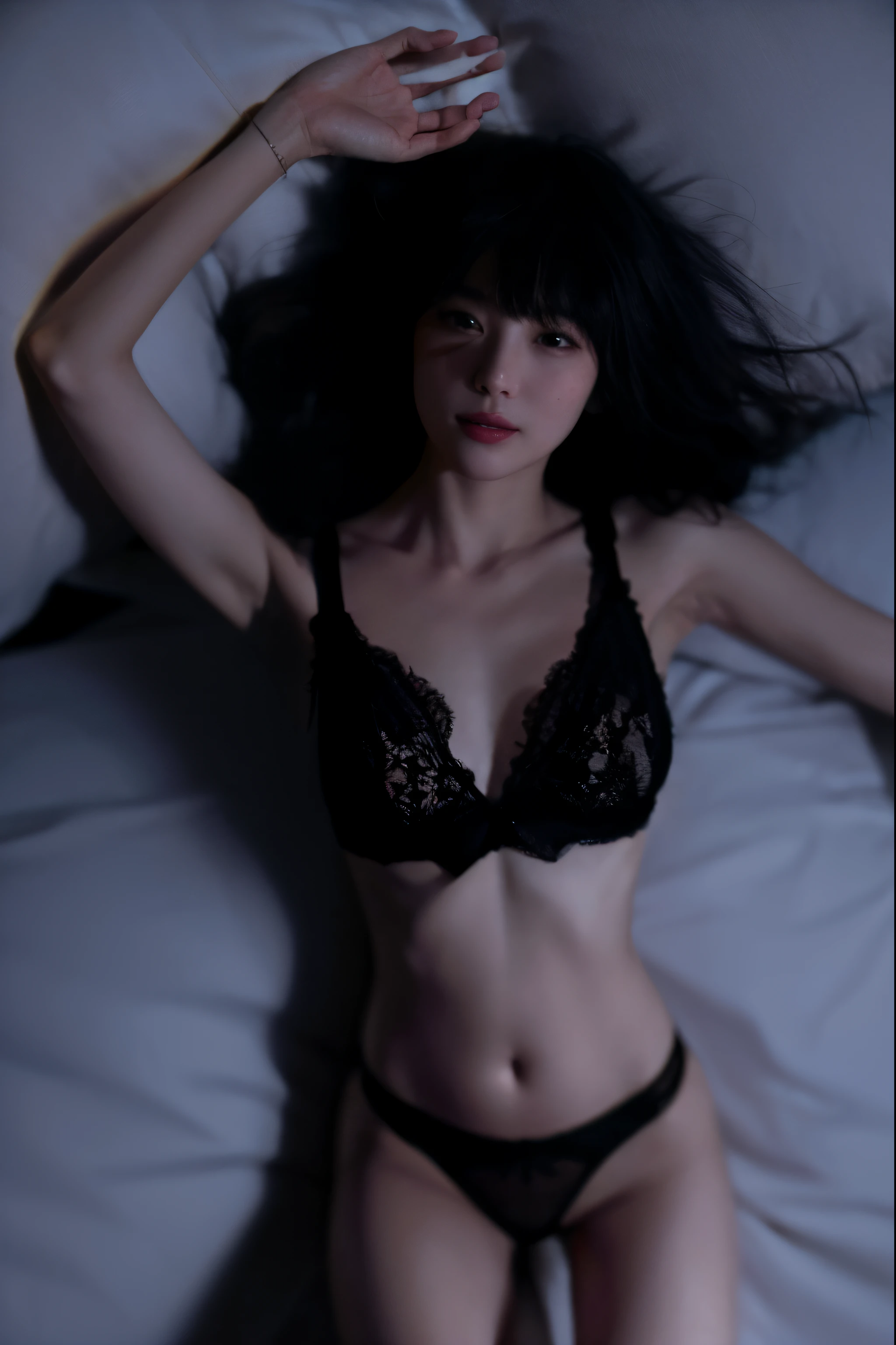 (Best quality, 8k, 32k, Masterpiece, UHD:1.2) "Create an art scene featuring a Japanese girl model with short black hair in a chic bob hairstyle, surrounded by a romantic and cozy bedroom setting. Envision an intimate atmosphere with soft lighting, warm hues, and delicate decor elements that evoke a sense of romance. Incorporate details like plush bedding, soft pillows, and ambient lighting to enhance the bedroom's romantic ambiance. Emphasize the girl's poise and elegance as she interacts within this intimate space, capturing a sense of tranquility and romantic allure in the scene."