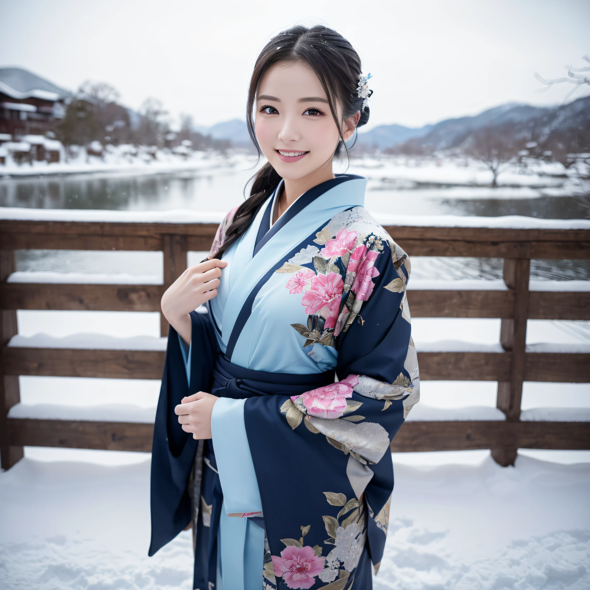 (Super beautiful woman in kimono)、((best qualtiy、8k masterpieces:1.3))、foco nítido:1.2、(ultra beautiful faces:1.0)、(shinny skin:1.0)、photos realistic、A dark-haired、Video Lighting、High-definition eyes and face、Video Lighting、Japanese actressl、from the front side、medium breasts、With a happy smile、Slender Abs Beauty、Whole body、wearing kimonos、In a snowy landscape in the middle of winter、highest grade obi