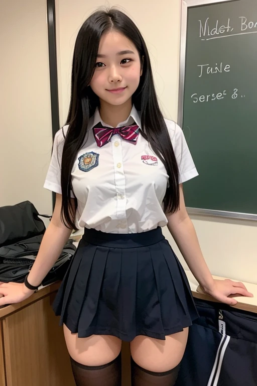 (8K), (Best Quality: 1.2), (Realistic), (Photorealistic: 1.37), Ultra High Definition, 1 Girl, Cute, Smile, Closed Mouth, Beautiful Details, Beautiful Nose, Full Body, Wet Hair, Colossal Dalsefo, Japan High School Girl Uniform, Thighs, Petite and Delicate Figure, A Cup