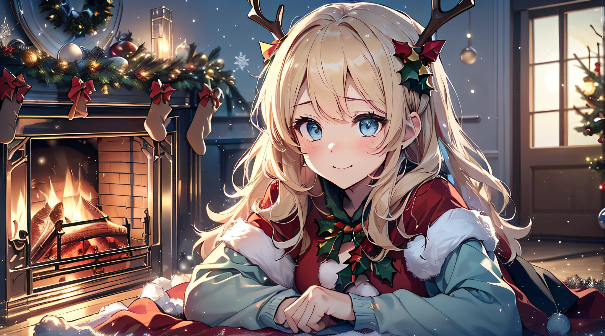 top-quality、Top image quality、​masterpiece、teens girl((Christmas、Cute reindeer 、18year old、 Ager、Best Bust、big bast,Beautiful wide open light blue eyerest, a blond、A slender,Large valleys、dye one's cheeks red、Reflecting the whole body、Laugh、dance、red cloak、Shy face、embarassed face、sprawl)),hiquality、Beautiful Art、Background with((my stylish night room、Christmas Wind、Stove、Red carpet on the floor、fireplace、Christmas tree、Red bed、Kotatsu)))、masutepiece、depth of fields,