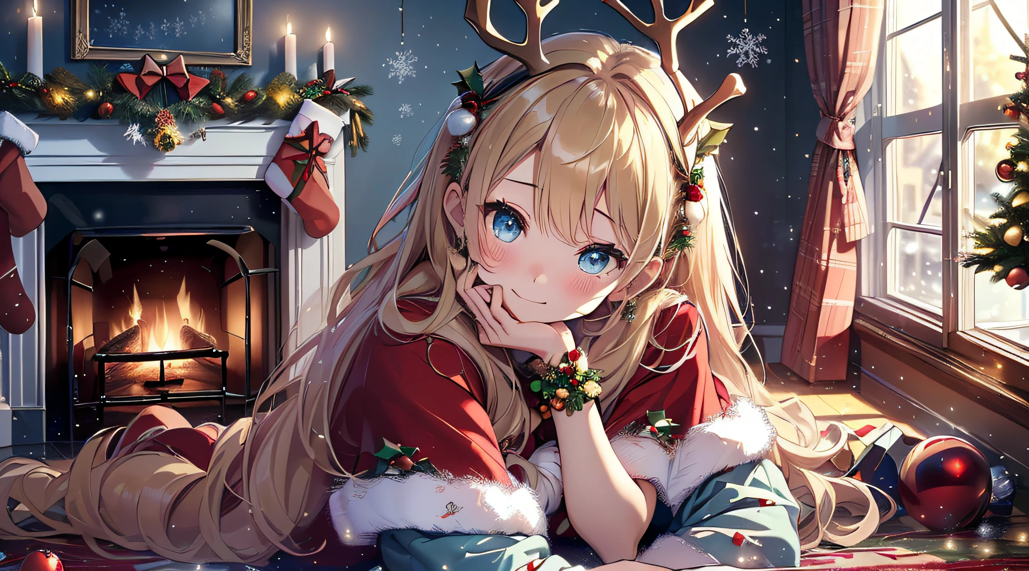 top-quality、Top image quality、​masterpiece、teens girl((Christmas、Cute reindeer 、18year old、 Ager、Best Bust、big bast,Beautiful wide open light blue eyerest, a blond、A slender,Large valleys、dye one's cheeks red、Reflecting the whole body、Laugh、dance、red cloak、Shy face、embarassed face、sprawl)),hiquality、Beautiful Art、Background with((my stylish night room、Christmas Wind、Stove、Red carpet on the floor、fireplace、Christmas tree、Red bed、Kotatsu)))、masutepiece、depth of fields,