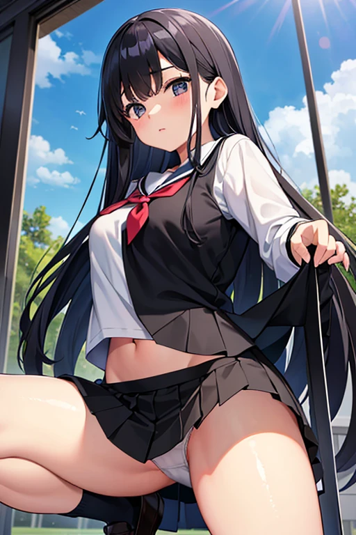 A middle school girl with long black hair wearing a school uniform who lifts up her skirt to reveal white panties.
