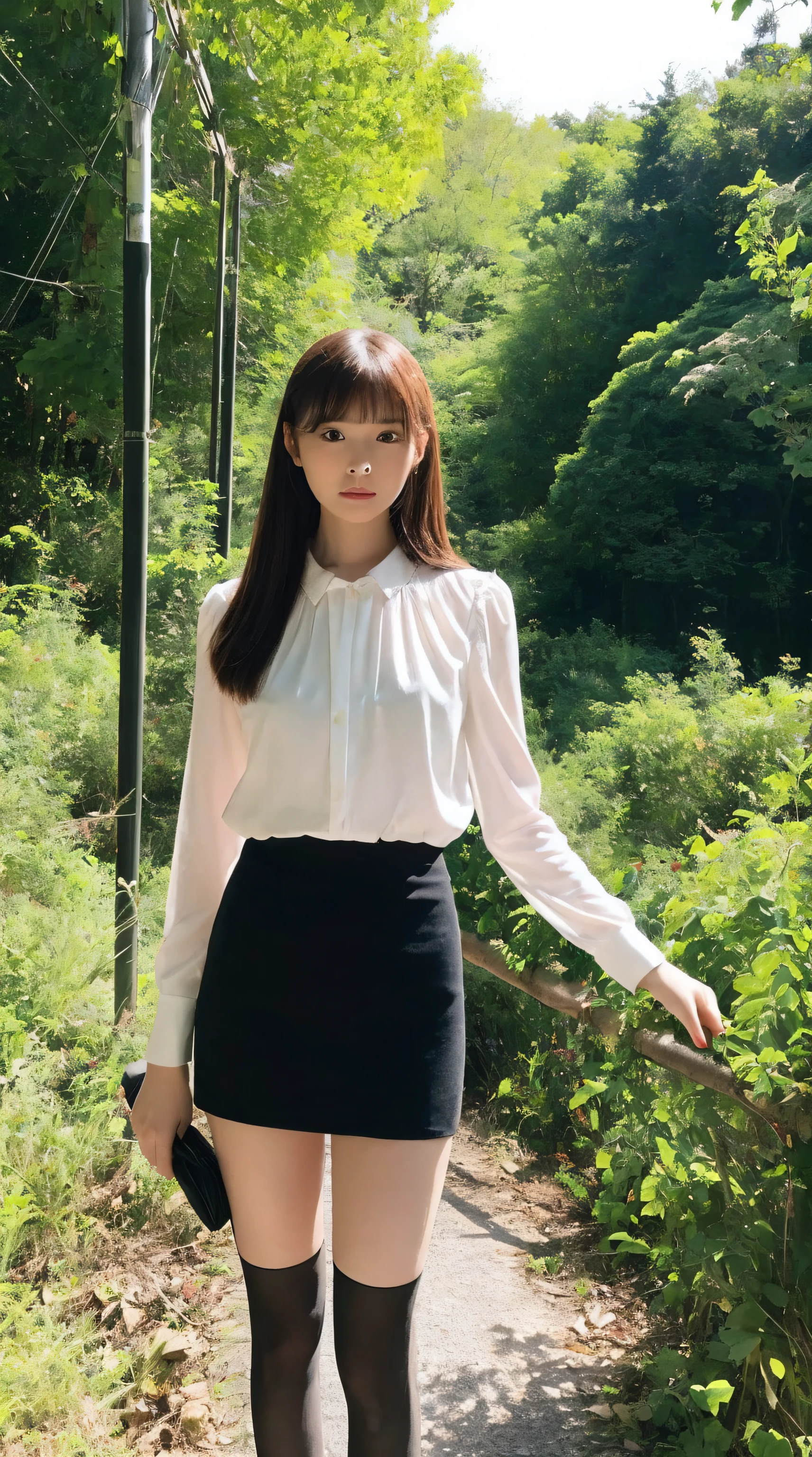 (Best Quality, masutepiece, Ultra HD: 1.3, High brightness, High color saturation), 1girl in, 24 year old,（long beautiful legs:2.0),（Full body figure:2.0）,straight haired, Long hair, （hide one's hands:2.0） See-through white blouse, （Black enamel mini skirt:1.5）,（Black stockings）, (a japanese girl, hposing Gravure Idol), Broad-leaved forest, 135 mm, Fuji Film,