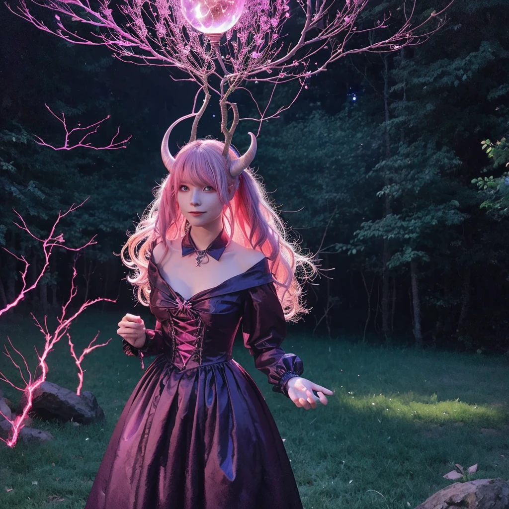 (Devil Woman With Pink Hair,Spells:1.1,blazing:1.1)(Illustration)(Best Quality,Ultra-detailed,Realistic:1.37),Devil Witch(Demonic:1.1)(Magic:1.1)(forest)(dark and mysterious,ominous vibe),Cast powerful spells,Generating magical energy(Magic:1.1),vivid pink hair(Swirling pink hair)(Flowing pink hair),Horns(demonic horns:1.1),piercing red eyes,Enchanted Scepter(Magic Scepter),Elaborate dark cloves,Shining magic seal,Fiery embers swirl(Magic embers:1.1)(Glowing embers),magical aura(glowing aura),Spooky Shadows,Otherworldly beings(presence),sinister smile,Sunset in the background(a dark night:1.1)(moonlit forest),lush, dense foliage(twisted trees)(Mysterious plants:1.1),Mystical particles(Swirling particles)(Floating particles),ethereal glow(Ethereal:1.1)(soft glow),The tree々A faint moonlight penetrating between,Unforgettable and captivating(scary atmosphere),Bewitching beauty,Wide range of colors(Vivid colors)(contrasted colors),Mystical realm,Impressive details,dynamic compositions,Captivating artwork,Photorealistic style(Picasso style),Impressive shading and lighting,explosive energy,Magical atmosphere(Fantasy atmosphere),dreamy scene