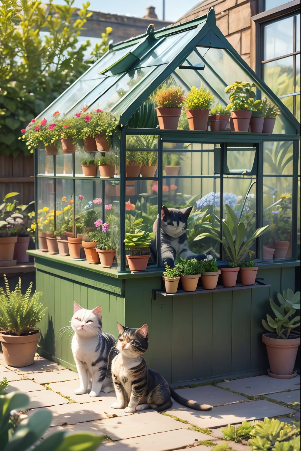 1 scottish fold cat, greenhouse, succulent plants, sunshine.