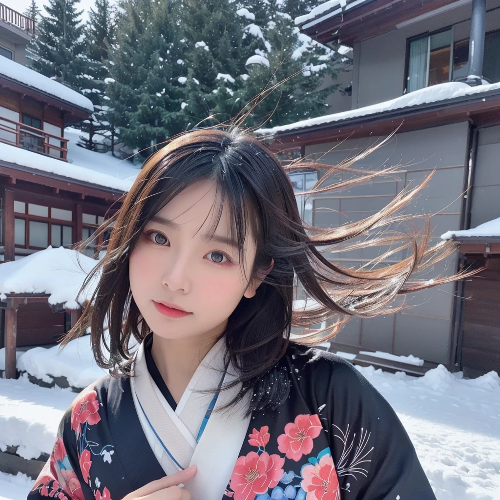 (Kimono)、(top-quality,masterpiece:1.3,超A high resolution,),(ultra-detailliert,Caustics),(Photorealsitic:1.4,RAW shooting,)Ultra-realistic capture,A highly detailed,high-definition16Kfor human skin、 Natural skin texture、、The skin looks healthy with an even tone、 Use natural light and color,One Woman,japanes,,kawaii,A dark-haired,Middle hair,(depth of fields、chromatic abberation、、Wide range of lighting、Natural Shading、)、(Falling snow:1.2)、(Hair swaying in the wind:1.2)、(Snow reflects light:1.1)