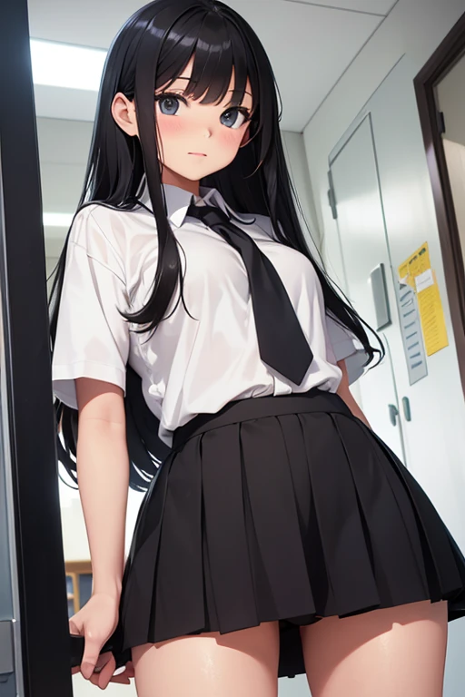 (1girl:1.3), Masterpiece, Best quality, amazing beauty, [[3D]], 4K, absurdres, finely detail, super detailed eye, perfect anatomy, official art, cinematic lighting, BREAK, school, silky half up hair, black hair, super shiny detailed brown eyes, cute eyes, Staring Intently, open-mouth, plump lips, embarrassed, BREAK , usually, slim, gloss skin, Are standing, shoot from below, Backlighting, BREAK , (private clothes:1.2), (V-neck shirt:1.2), (Pleated skirt:1.2), BREAK,()