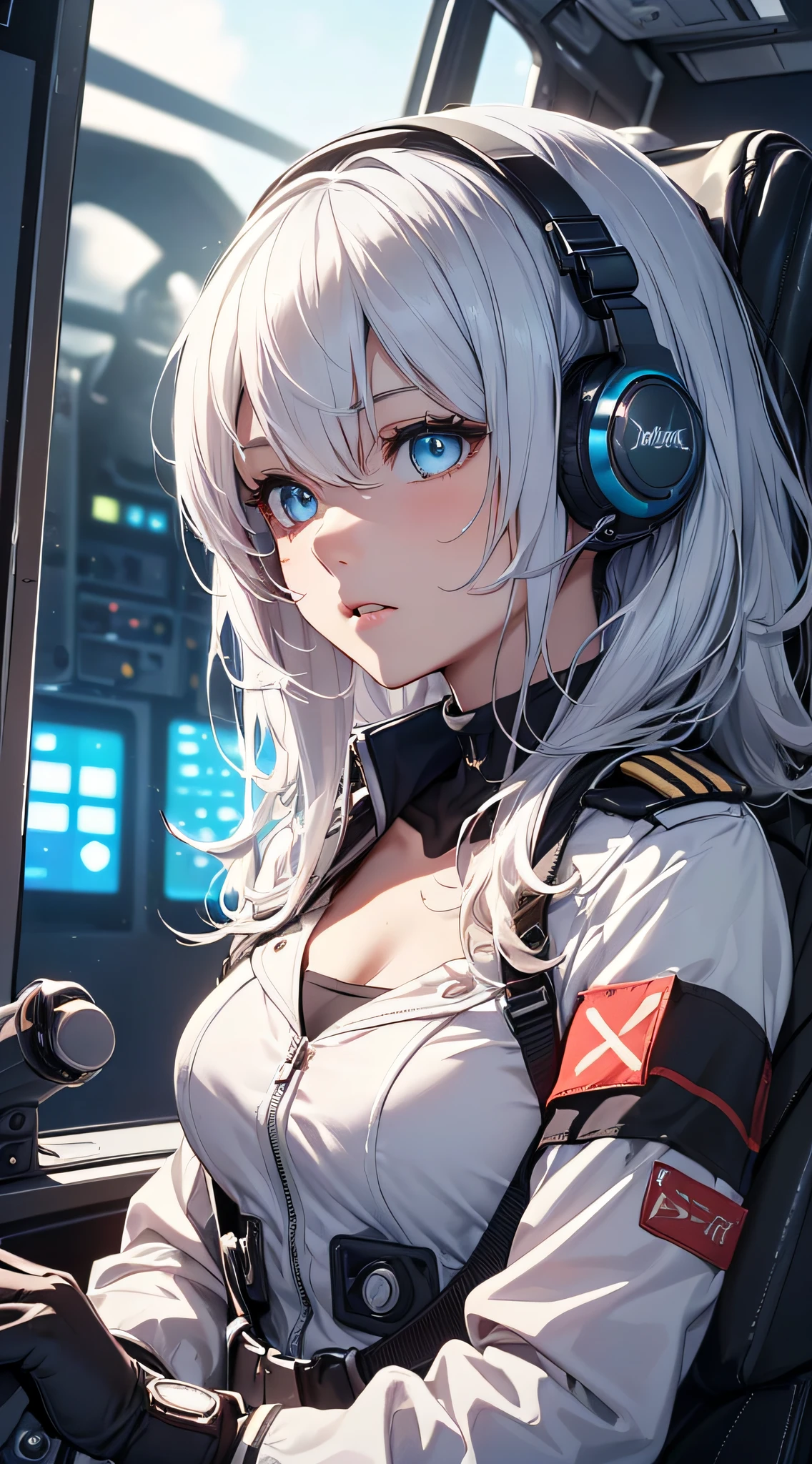 top-quality、Top image quality、masterpiece、girl with((White suit、18year old、 Ager、cute little、Best Bust、big bast,beautiful glowing blue eyes,Great Valley、chest opens wide、 Messy silver hair、Longhaire、A slender,head phone、Sit in the cockpit、Anxious face)),hiquality、Beautiful Art、Background with((cockpit、Control stick,Warning screen、Lock On、red light nast piece、depth of fields,Cinematic style