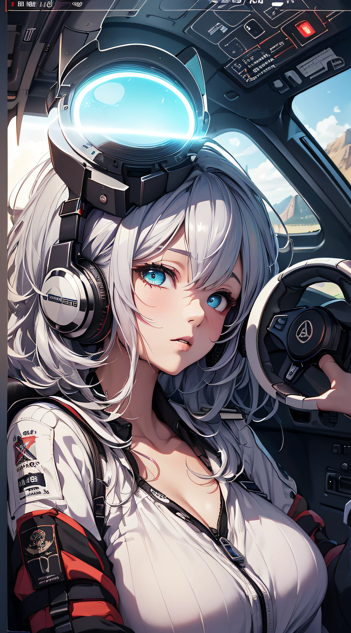 top-quality、Top image quality、​masterpiece、girl with((White suit、18year old、 Ager、cute little、Best Bust、big bast,beautiful glowing blue eyes,Great Valley、chest opens wide、 Messy silver hair、Longhaire、A slender,head phone、Sit in the cockpit、Anxious face)),hiquality、Beautiful Art、Background with((cockpit、Control stick,Warning screen、Lock On、red light nast piece、depth of fields,Cinematic style