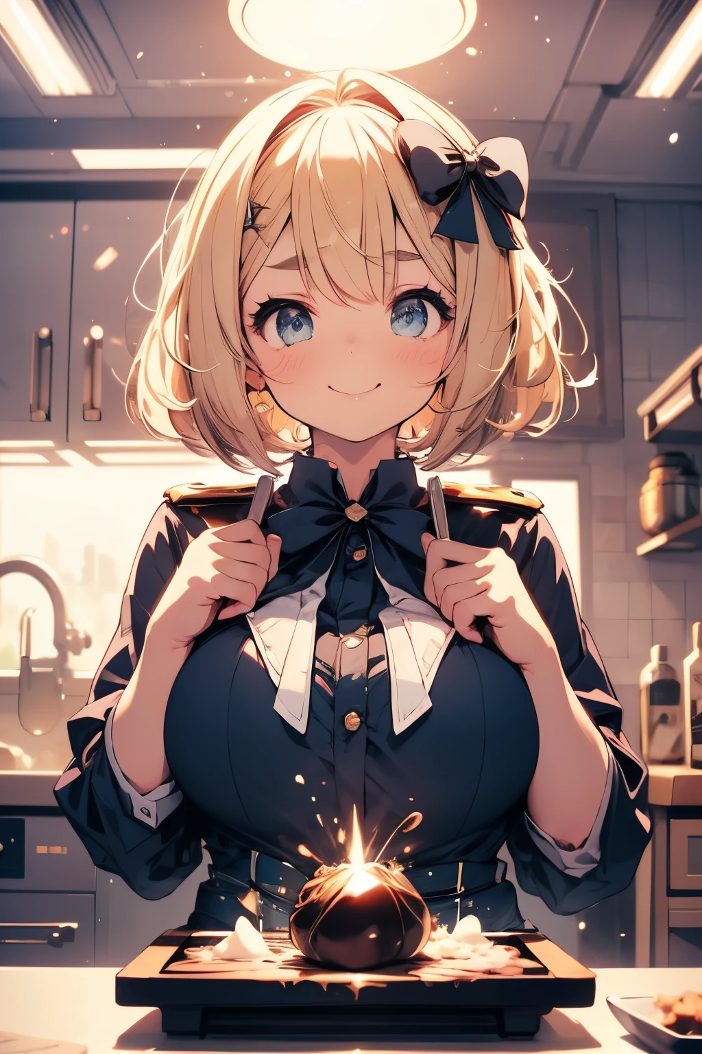 Girls,Short stature,Glittering blonde fluffy bob hair,wide々Cooking experiment class in the science room,holding a big knife in one hand,A fist-sized luxury black truffle placed on a cutting board1piece,Blue eyes,Delicate Makeup,Thick eyebrows,White and navy blue uniform,Big red ribbon on the collar,A slight smil,huge tit