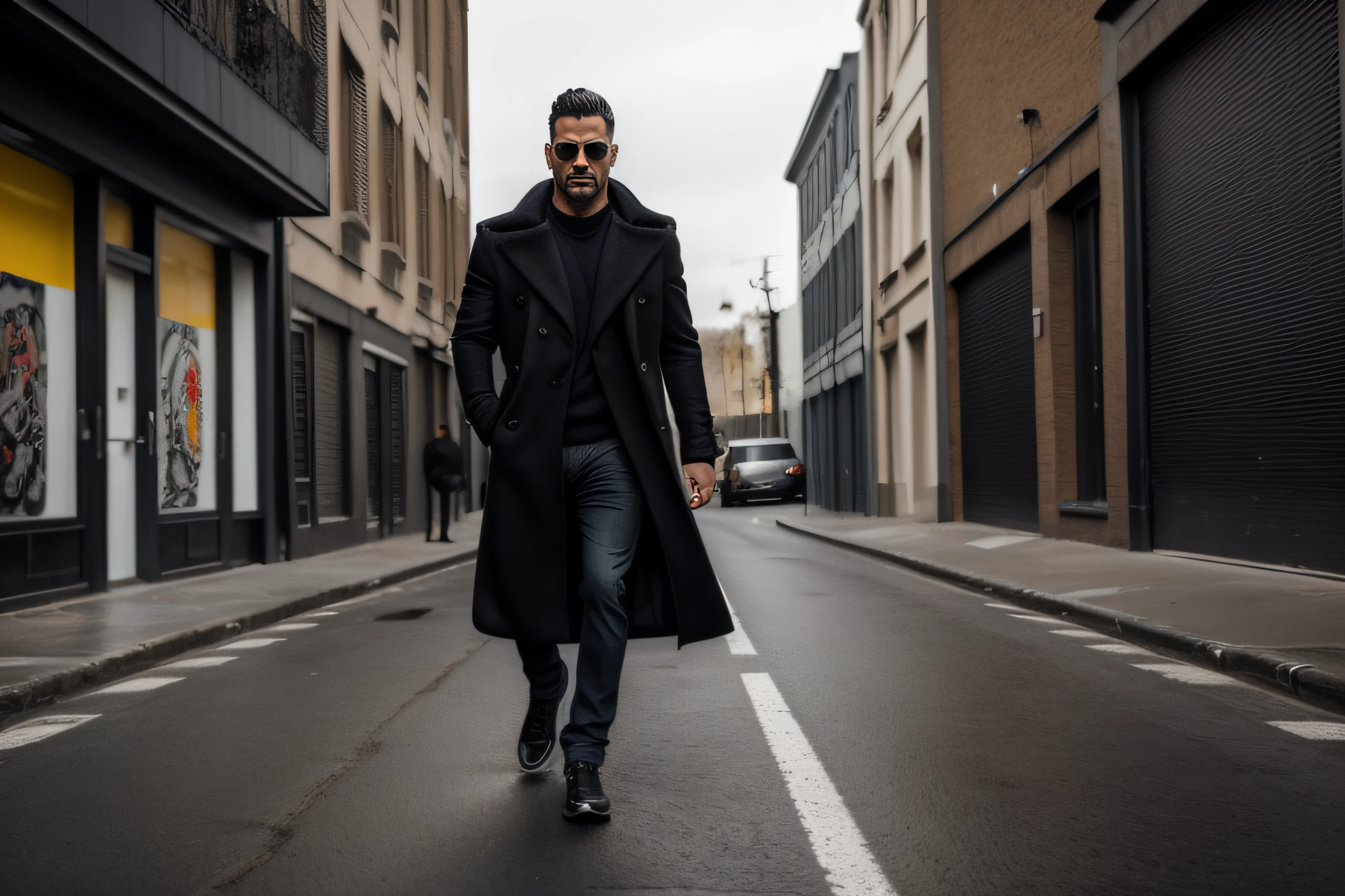 A confident full-body 35-years old muscle male model in a black coat, poising on an  street, medium: photo hyper-realism, style: edgy street fashion meets contemporary art, lighting: dramatic contrast with a mix of artificial and natural light, colorold and gritty with a focus on the textures of the coat and street, composition: Nikon D850, AF-S NIKKOR 50mm f/1.8G lens, Resolution 45.7 megapixels, ISO sensitivity: 200, Shutter speed 1/125 second, close-up shot with a focus on the coat, street art as a backdrop --ar 16:9 --v 5.1 --style raw --q 2 --s 750