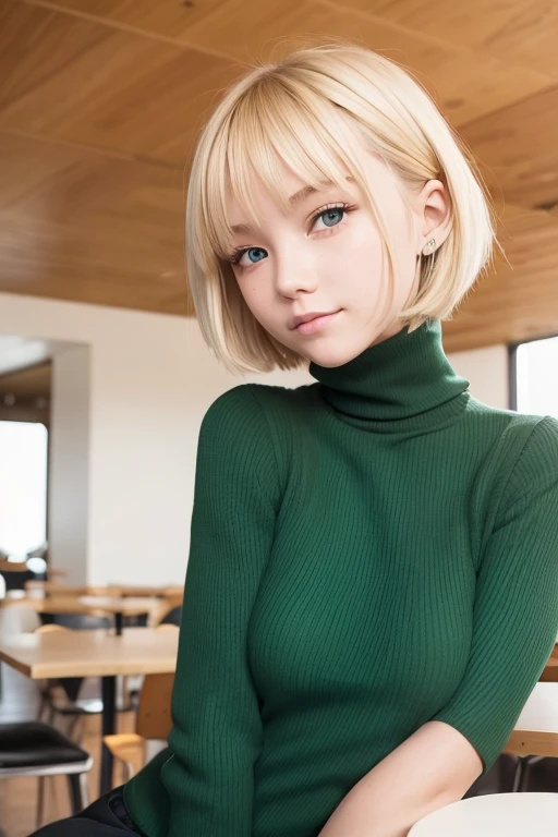 a very cute blonde 14yo girl wearing light pea green chest-hole-cut-out turtleneck, sitting in cafe posing for picture, bob-cut hair, raw photo