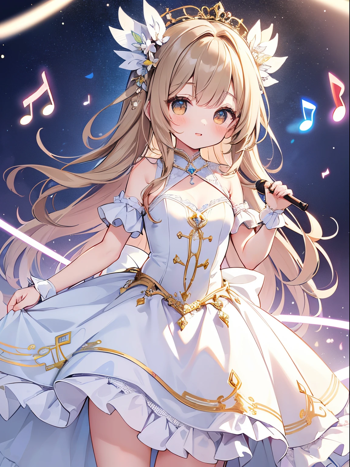 (Top Quality, 4K, High Resolution, Masterpiece), ((Perfect Anatomy)), Cute Girl, Chibi, Light Brown Hair, Beige hair, Long Hair, Brown Eyes, ((👄)), Smile, BREAK, white dress with pastel color lace decoration, Crystallization of clothes, striped cloth, colorful Clothes, gradient background, Floating light spot, ((Princess in a gorgeous rococo ball gown decorated with beautiful embroidery and jewels, with a voluminous full-length hoop skirt with ruffles)), ((crinoline)), (small breast), sheet music bars decorated in raincloud and lightening, (any color, many notes effect: 1.5), (musical note magic light effect: 1.5), (magic sound wave effect: 1.3),BREAK,Stylish winter clothes in pastel colors