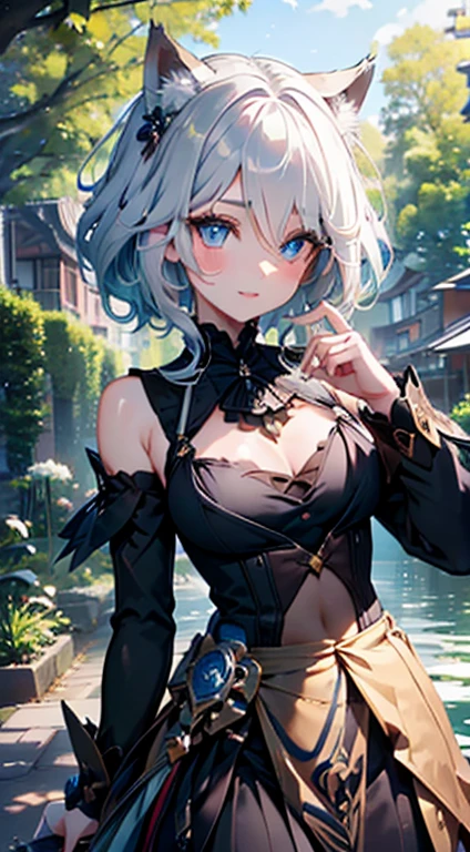 (well detailed background) (best quality), (high quality), (masterpiece), 1girl, solo , alhaitham \(genshin impact\), short hair, grey hair, big breasts, hair over one eye, headphones, turquoise eyes, extremely well detailed eyes, tied above belly, black belt, indoor, bedroom, laying on a king sized bed, pillows, sheets , makeup, cold face, calm, hand down on crotch, neutral expression, hand under panties