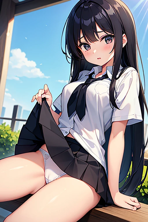 A middle school girl with long black hair wearing a school uniform who lifts up her skirt to reveal white panties.