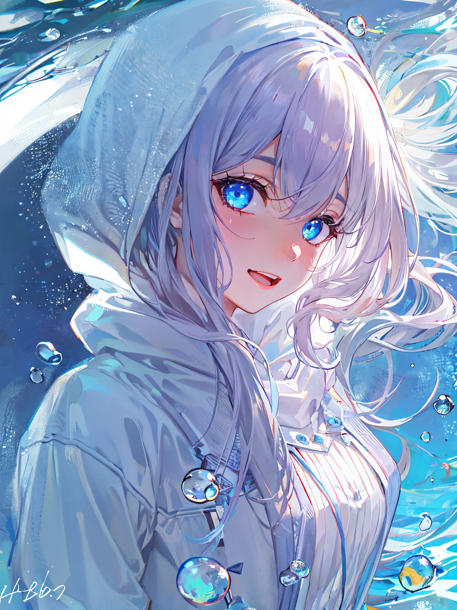 ((top-quality)), ((masterpiece)), ((ultra-detailliert)), (Extremely delicate and beautiful), girl with, report, cold attitude,((White hoodie)),She is very(relax)with the(Settled down)Looks,depth of fields,Evil smile,Bubble, under the water, Air bubble,Underwater world bright light blue eyes,inner color with bright gray hair and light blue tips,,,,,,,,,,,,,,,,,,,,Cold background,Bob Hair - Linear Art, shortpants、knee high socks、White uniform like school uniform、Light blue ribbon ties、Clothes are sheer、The hand in my right pocket is like a sapphire,Fronllesse Blue, A small blue light was floating、fantastic eyes、selfy,Self-shot