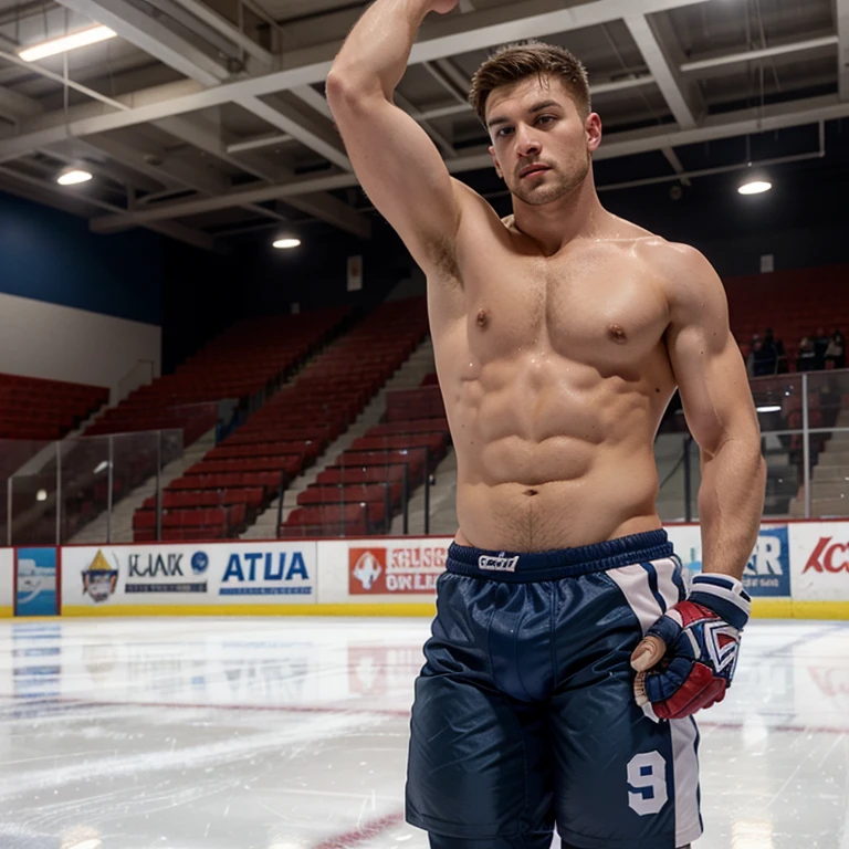 Evans as a hot ice hockey player, massive bulge, muscular body, hot jock, in an ice rink